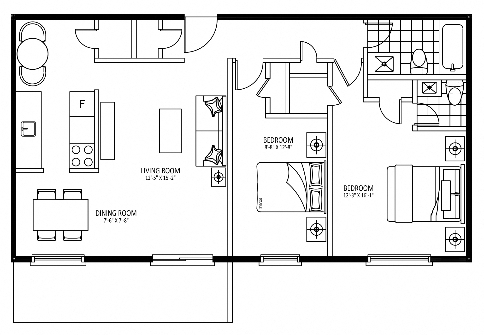 Floor plan for 2 beds, 1.5 baths, 940 sqft